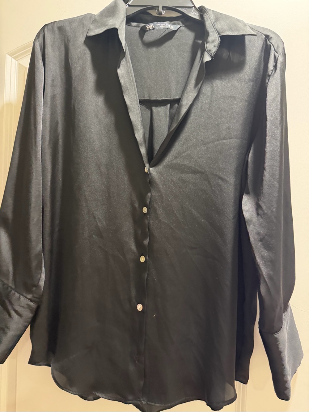 Zara Black Satin-Look Women's Button Front Blouse